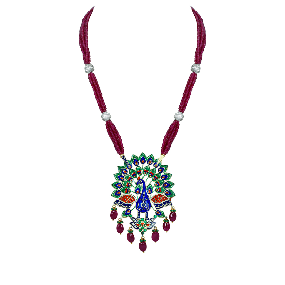 Peacock Pendant Necklace with Polki, Green Enamel, and Ruby Drops